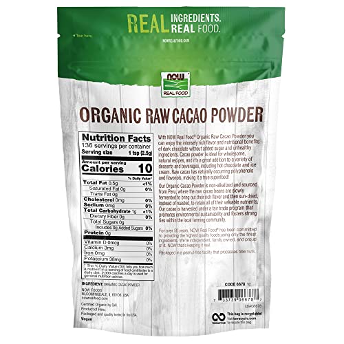 NOW Foods, Organic Raw Cacao Powder, with Polyphenols and Flavonols, Sun-Dried, Intensely Rich Flavor, 12-Ounce (Packaging May Vary)