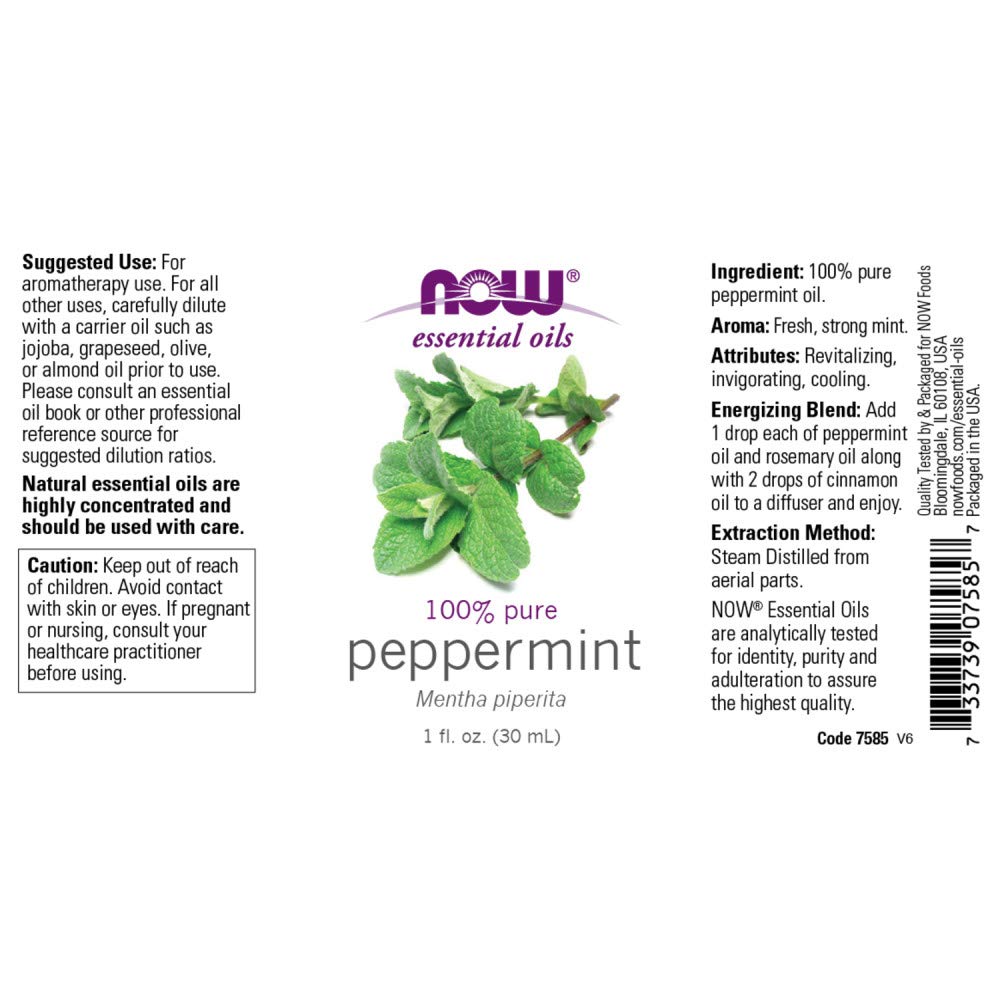 NOW Essential Oils, Peppermint Oil, Invigorating Aromatherapy Scent, Steam Distilled, 100% Pure, Vegan, Child Resistant Cap, 1-Ounce