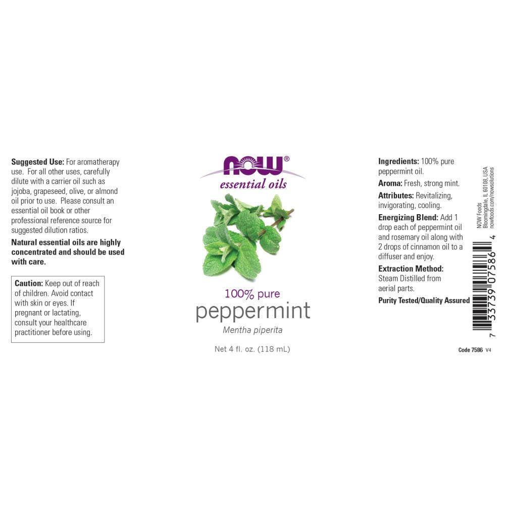 NOW Essential Oils, Peppermint Oil, Invigorating Aromatherapy Scent, Steam Distilled, 100% Pure, Vegan, Child Resistant Cap, 1-Ounce