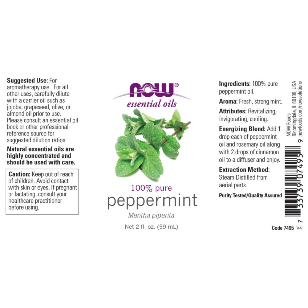 NOW Essential Oils, Peppermint Oil, Invigorating Aromatherapy Scent, Steam Distilled, 100% Pure, Vegan, Child Resistant Cap, 1-Ounce