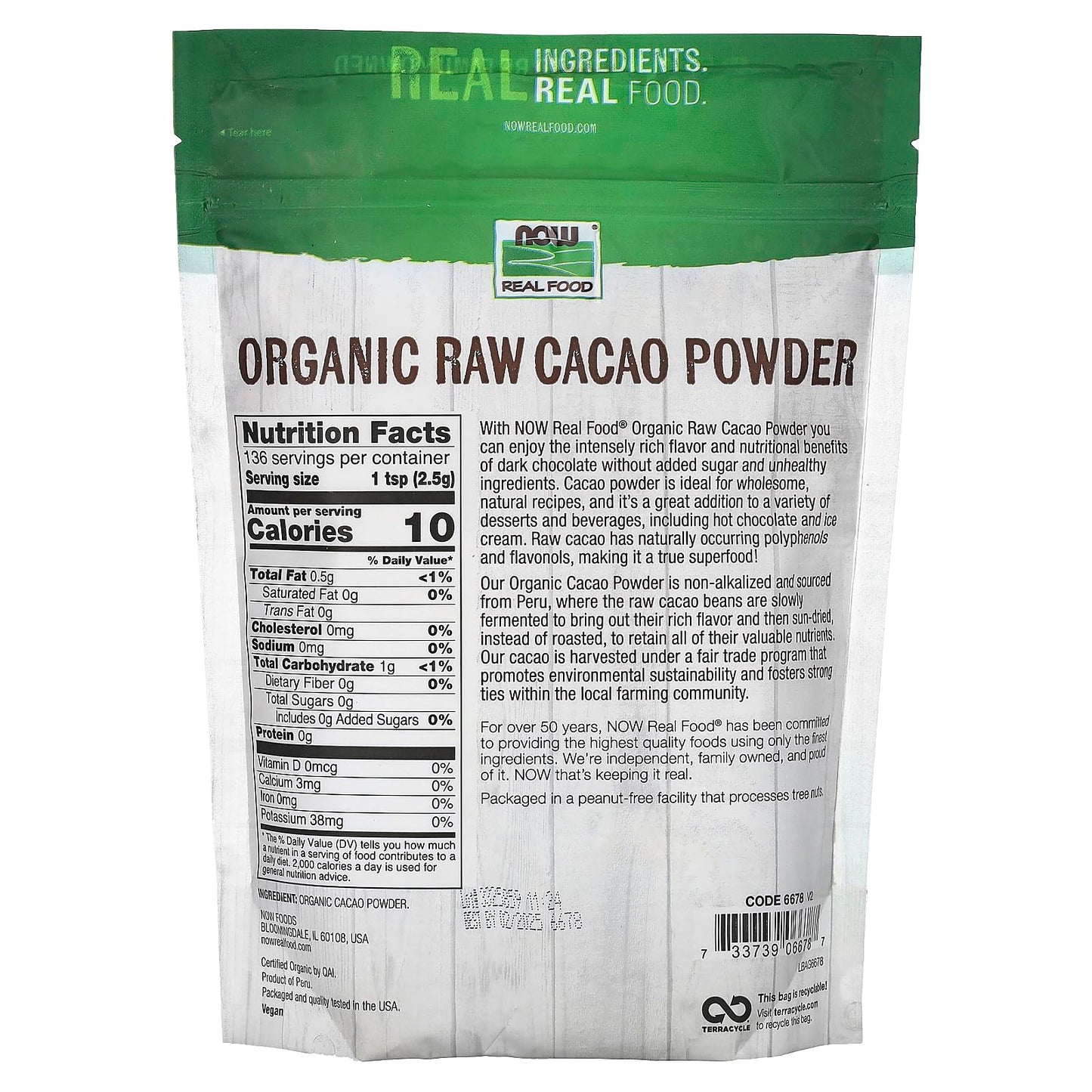 NOW Foods, Organic Raw Cacao Powder, with Polyphenols and Flavonols, Sun-Dried, Intensely Rich Flavor, 12-Ounce (Packaging May Vary)