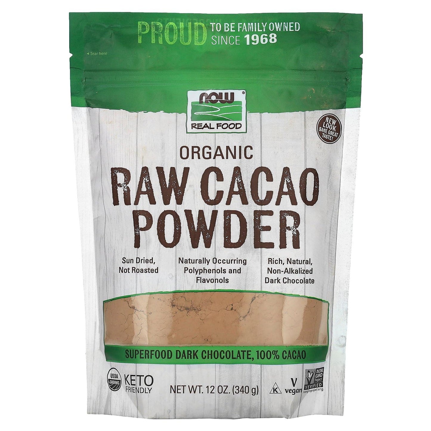 NOW Foods, Organic Raw Cacao Powder, with Polyphenols and Flavonols, Sun-Dried, Intensely Rich Flavor, 12-Ounce (Packaging May Vary)